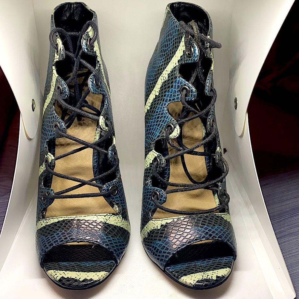 Snake embossed Lace Heeled Booties